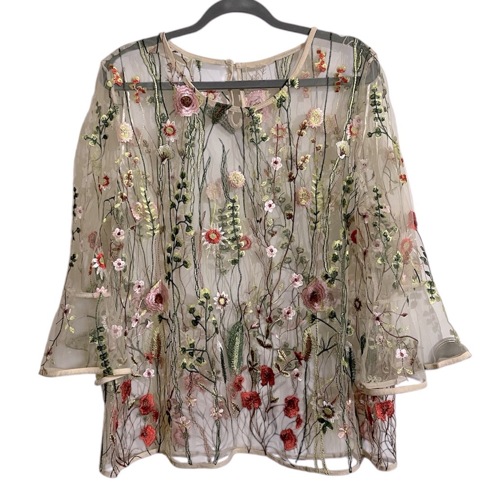 Embroidered Floral Sheer Mesh Blouse - Multi-Color Floral Detail